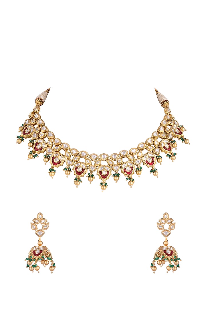 Gold Plated Faux Kundan Necklace Set by Rhmmya