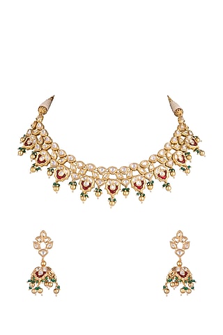 Gold Plated Faux Kundan Necklace Set by Rhmmya