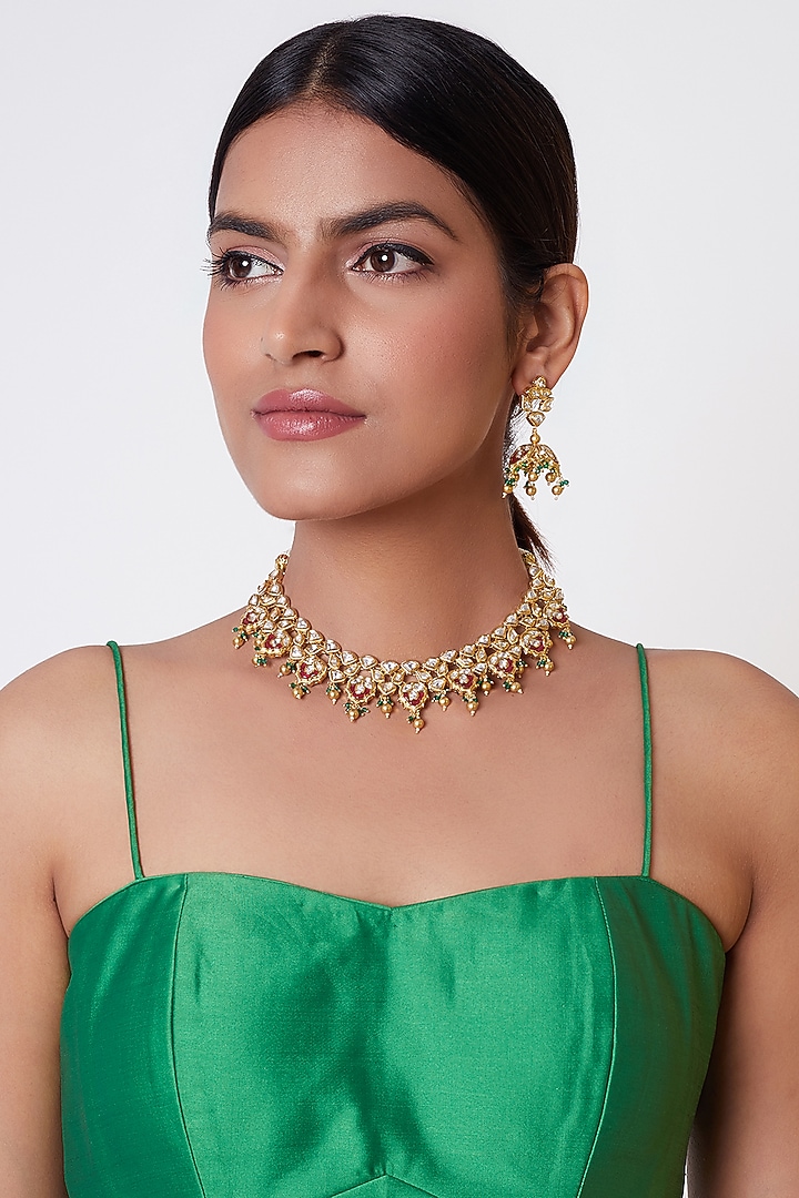 Gold Plated Faux Kundan Necklace Set by Rhmmya at Pernia's Pop Up Shop