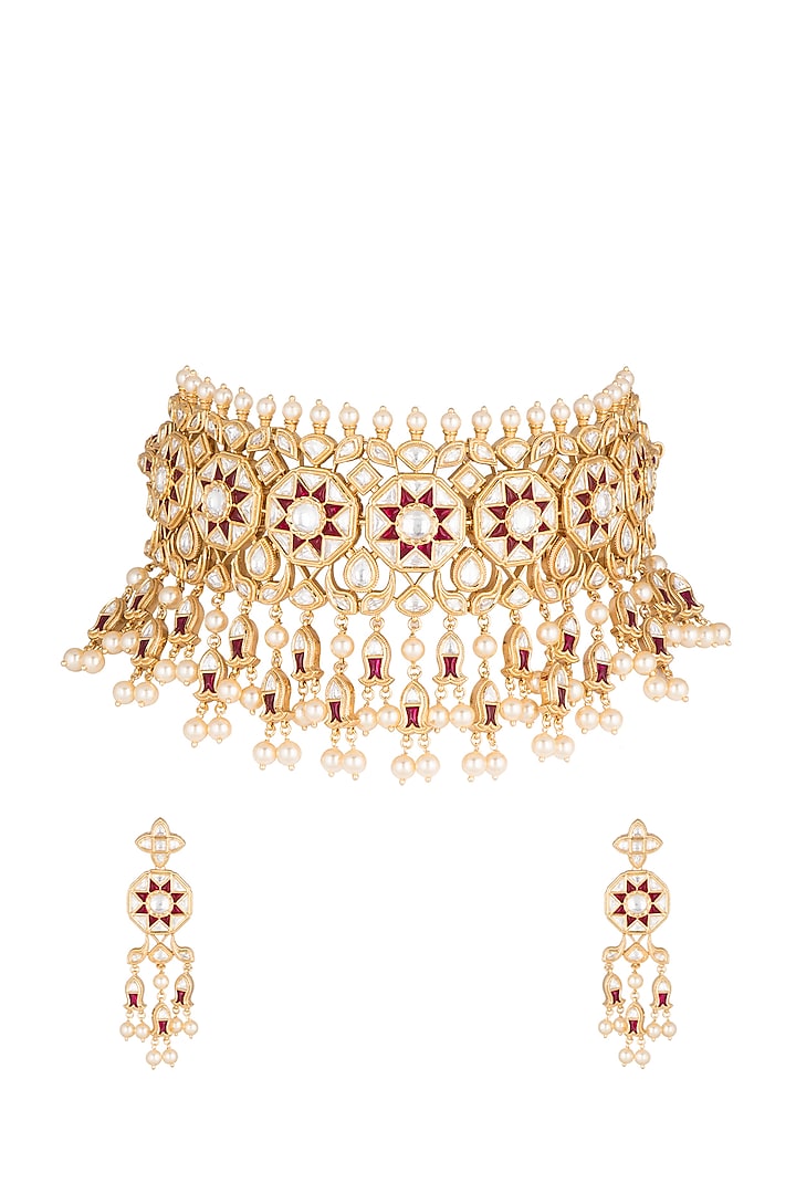Gold Plated Cubic Zirconia & Kundan Necklace Set by Rhmmya
