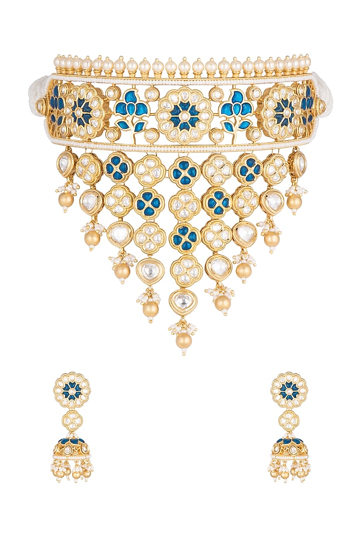 Gold Plated Beads & Kundan Necklace Set by Rhmmya