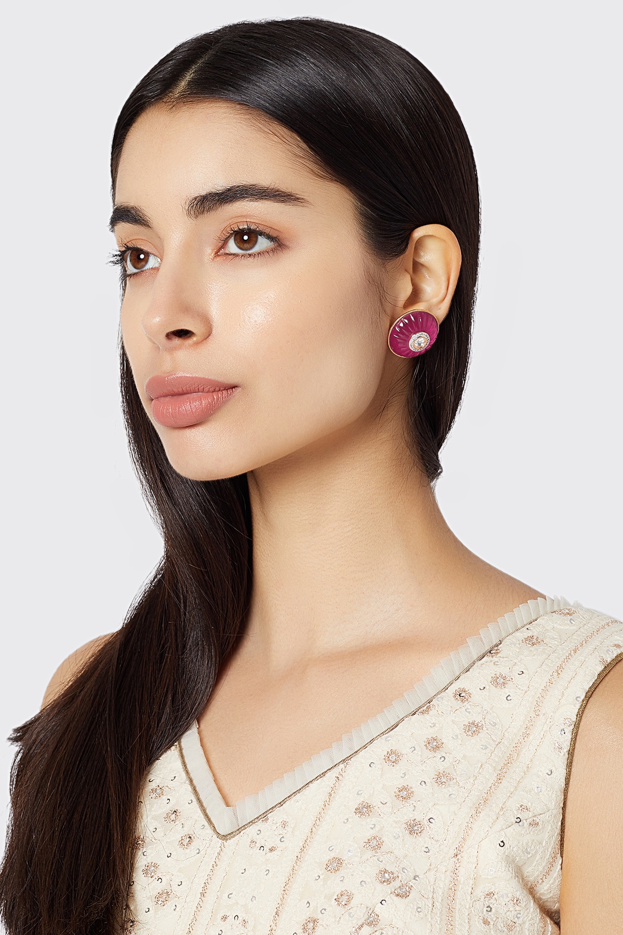 Dark pink stone loop earrings in pure silver