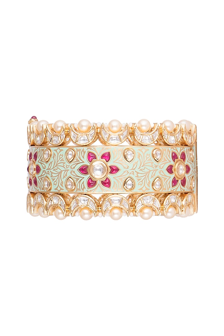 Gold Plated Pink Semi Precious Stone Kada Bracelet by Rhmmya