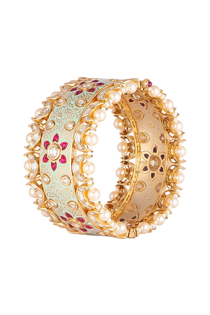 Gold Plated Pink Semi Precious Stone Kada Bracelet by Rhmmya at Pernia's Pop Up Shop