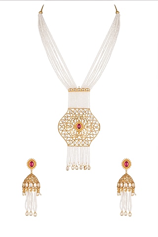 Gold Plated White Stone Necklace Set by Rhmmya