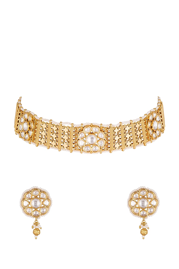 Gold Plated Floral Choker Necklace Set by Rhmmya