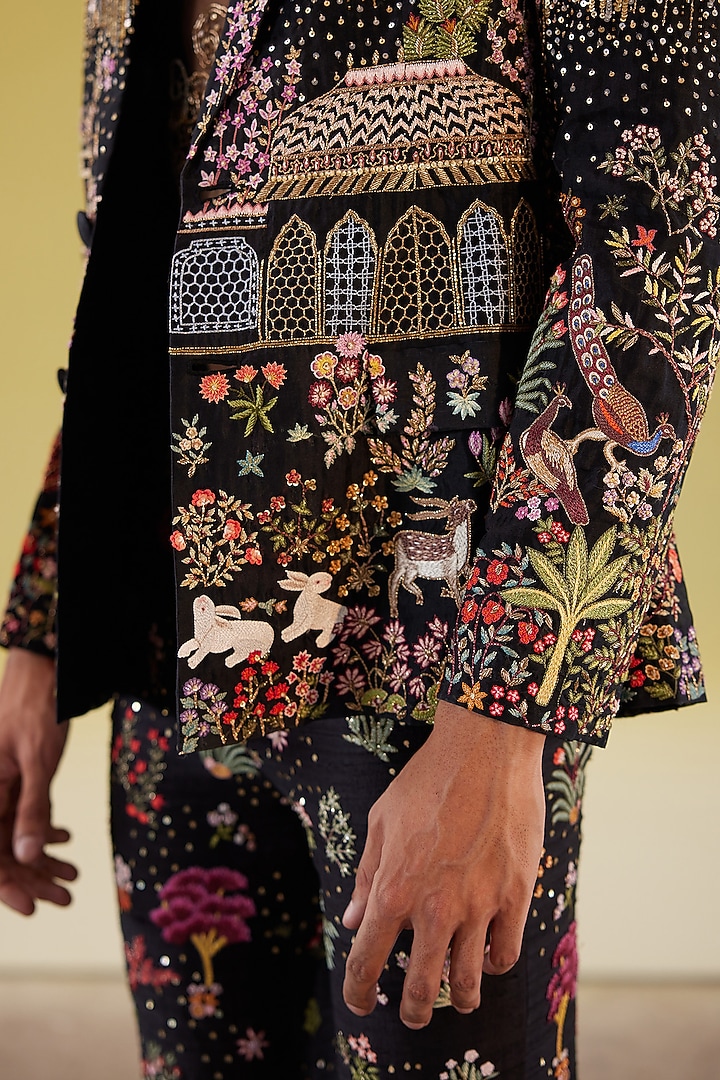 Black Silk Organza Embroidered Blazer Set by Rahul Mishra Men at Pernia's Pop Up Shop