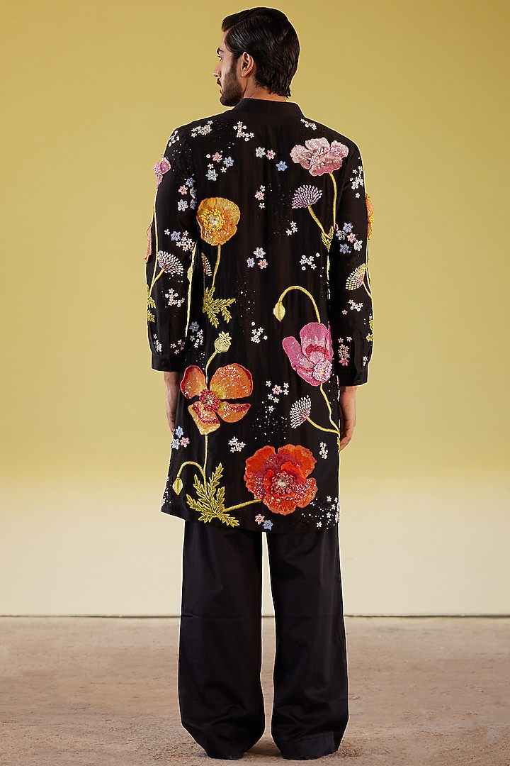 Black Sequins Shantoon Kurta Set by Rahul Mishra Men at Pernia's Pop Up Shop