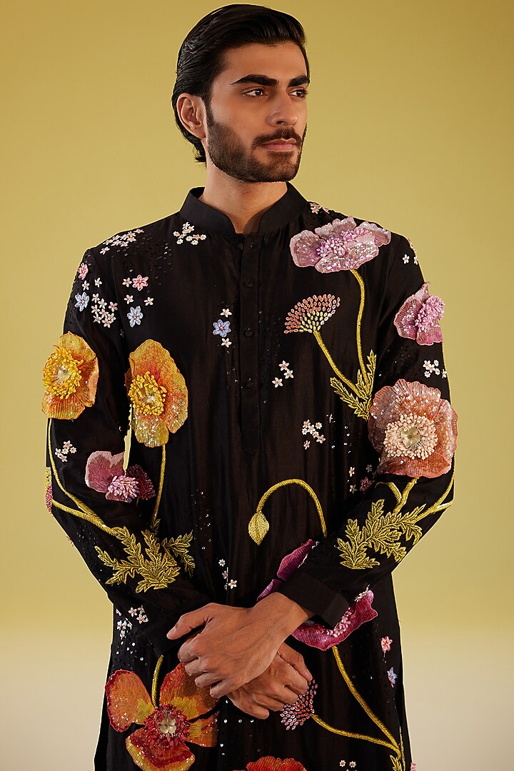 Black Sequins Shantoon Kurta Set by Rahul Mishra Men at Pernia's Pop Up Shop