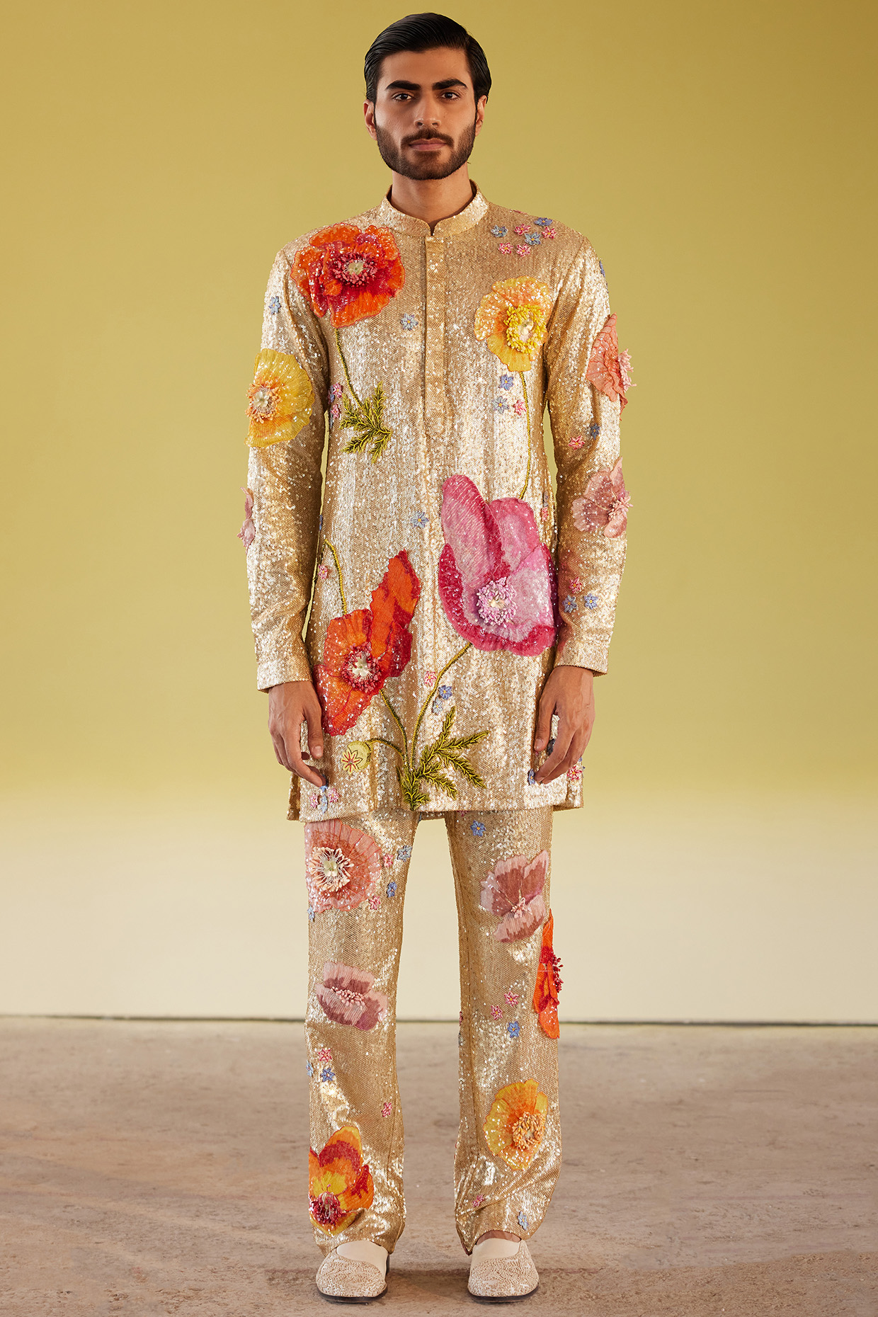 Gold Sequins Georgette Embroidered Kurta Set by Rahul Mishra Men