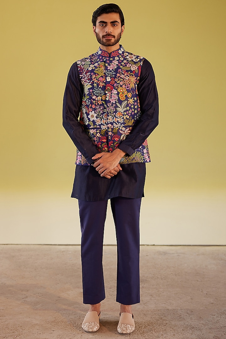 Multi-Colored Silk Embroidered Bundi Jacket With Kurta Set by Rahul Mishra Men
