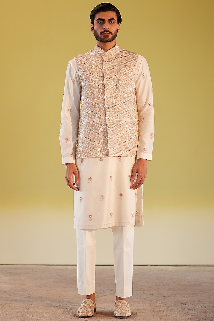 Ivory Silk Organza Embroidered Bundi Jacket With Kurta Set by Rahul Mishra Men