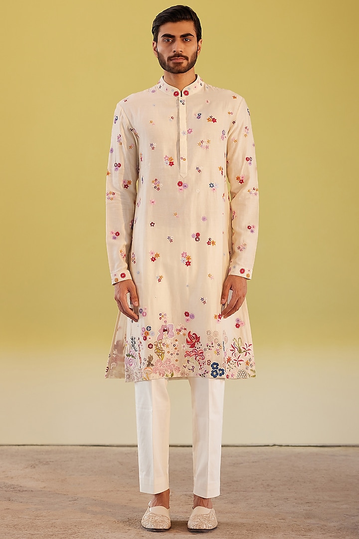 Ivory Chanderi Embroidered Kurta Set by Rahul Mishra Men