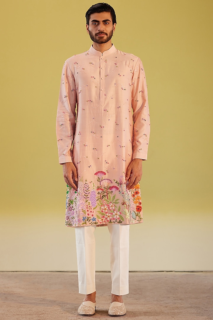 Pink Chanderi Embroidered Kurta Set by Rahul Mishra Men