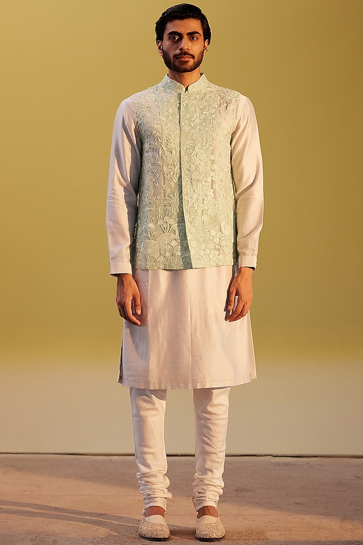 Mint Silk Embroidered Bundi Jacket With Kurta Set by Rahul Mishra Men