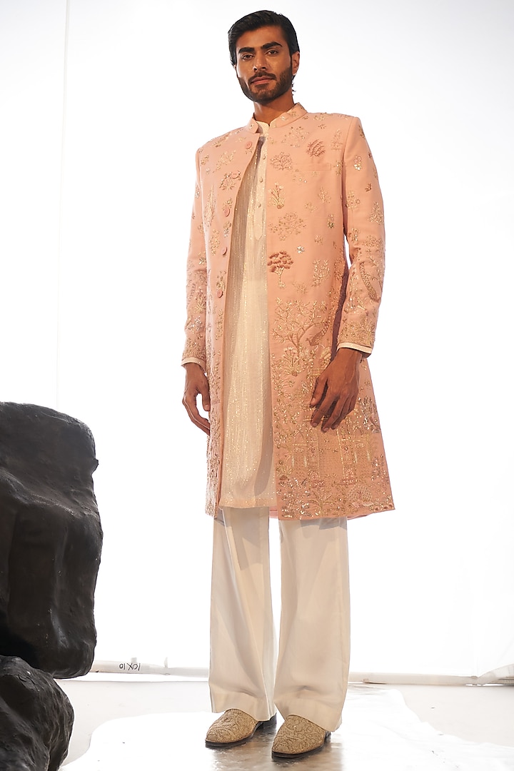 Rose Pink Hand Embroidered Sherwani Set by Rahul Mishra Men