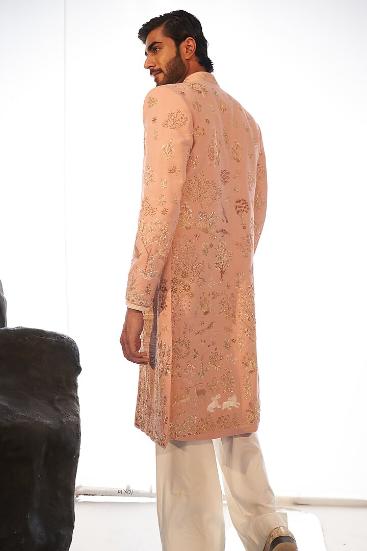 Rose Pink Hand Embroidered Groom Sherwani Set by Rahul Mishra Men at Pernia's Pop Up Shop