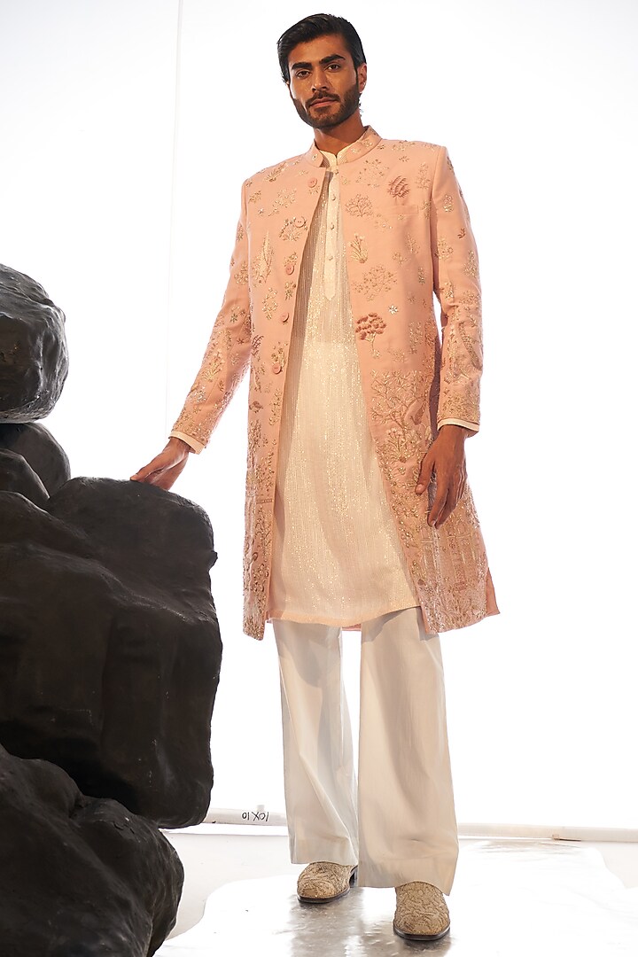 Rose Pink Hand Embroidered Groom Sherwani Set by Rahul Mishra Men at Pernia's Pop Up Shop
