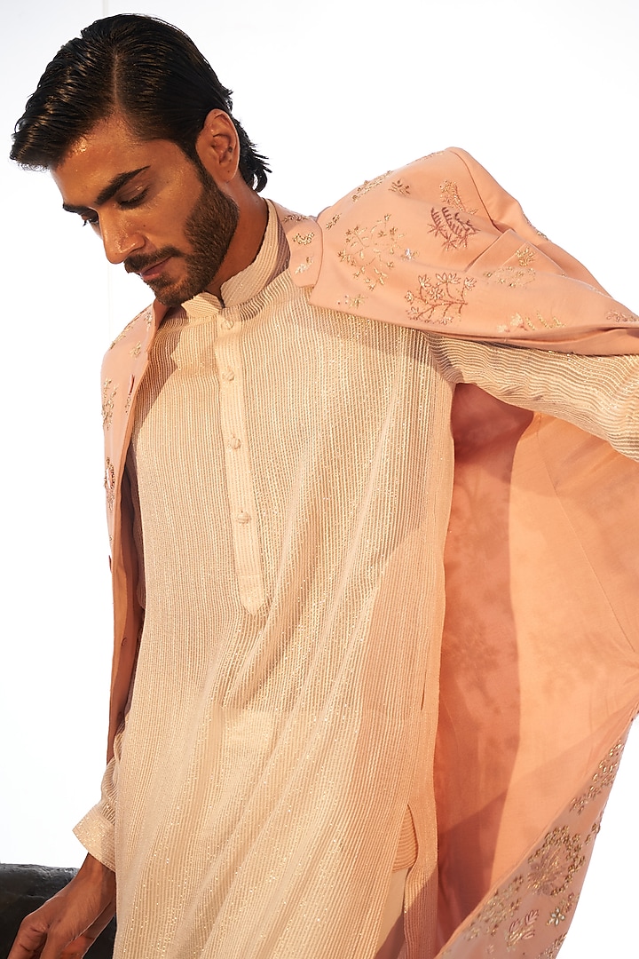Rose Pink Hand Embroidered Groom Sherwani Set by Rahul Mishra Men at Pernia's Pop Up Shop