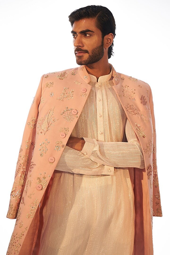 Rose Pink Hand Embroidered Groom Sherwani Set by Rahul Mishra Men at Pernia's Pop Up Shop