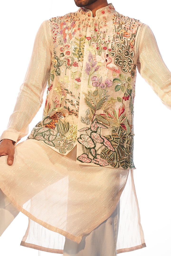 White Organza Sequins Hand Embroidered Bundi Set by Rahul Mishra Men at Pernia's Pop Up Shop