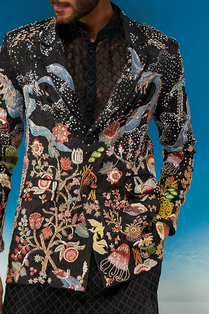 Black Organza Hand Embroidered Blazer Set by Rahul Mishra Men at Pernia's Pop Up Shop