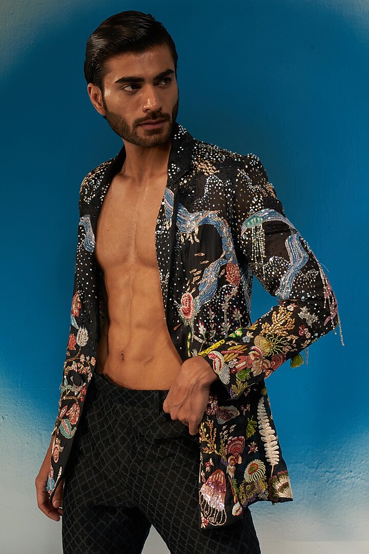 Black Organza Hand Embroidered Blazer Set by Rahul Mishra Men at Pernia's Pop Up Shop