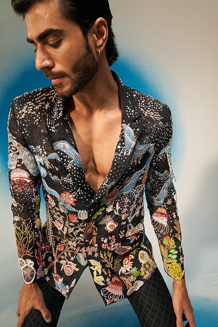 Black Organza Hand Embroidered Blazer Set by Rahul Mishra Men at Pernia's Pop Up Shop