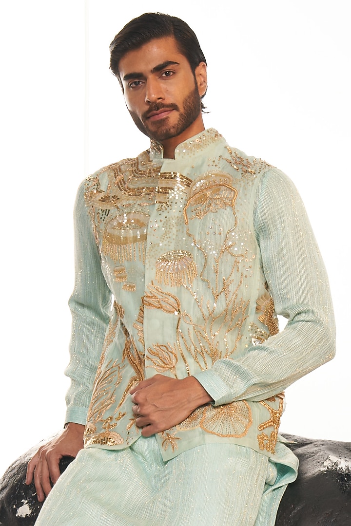 Aqua Mint & Gold Organza Sequins Hand Embroidered Bundi Set by Rahul Mishra Men at Pernia's Pop Up Shop