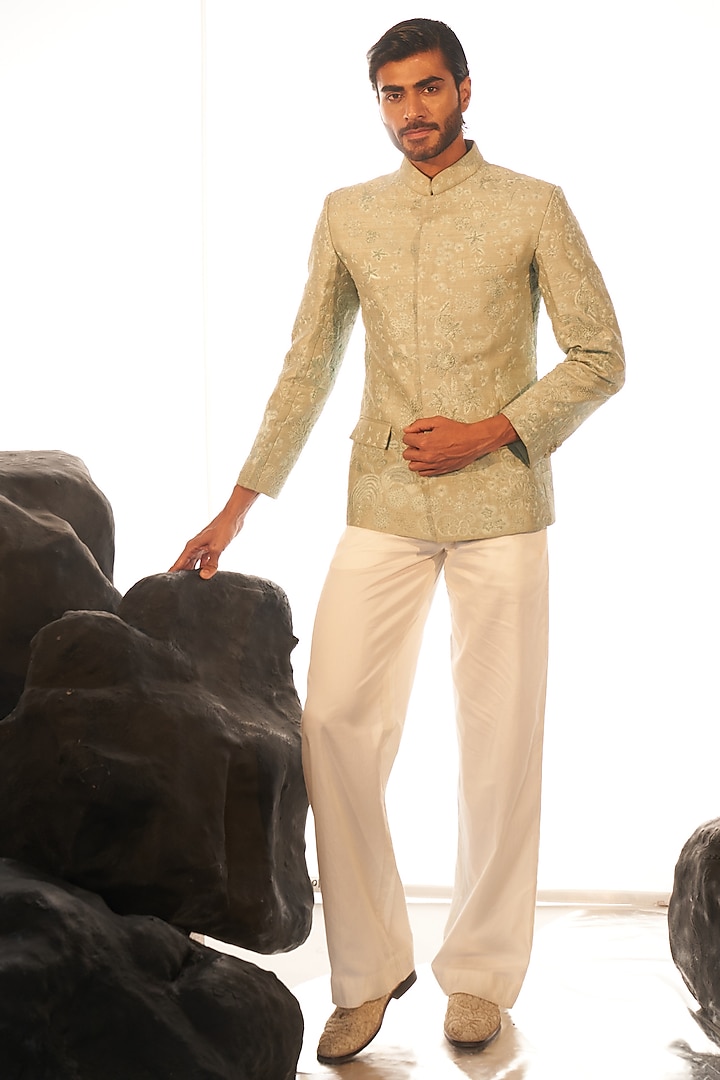 Mint Raw Silk Hand Embroidered Bandhgala Set by Rahul Mishra Men