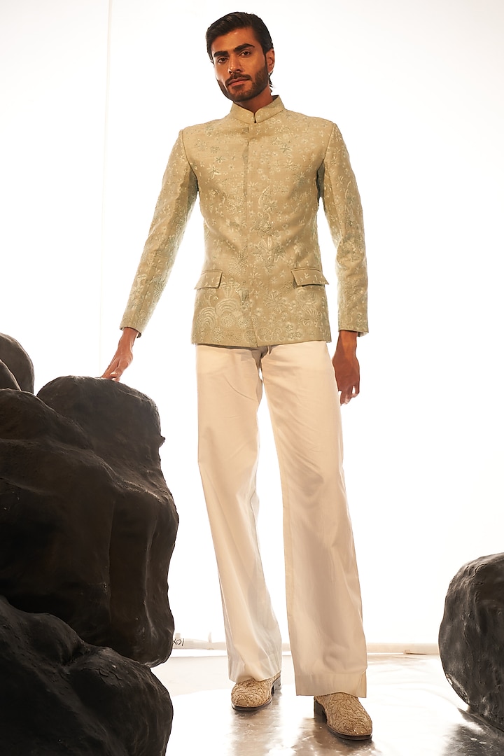Mint Raw Silk Hand Embroidered Groom Bandhgala Set by Rahul Mishra Men at Pernia's Pop Up Shop