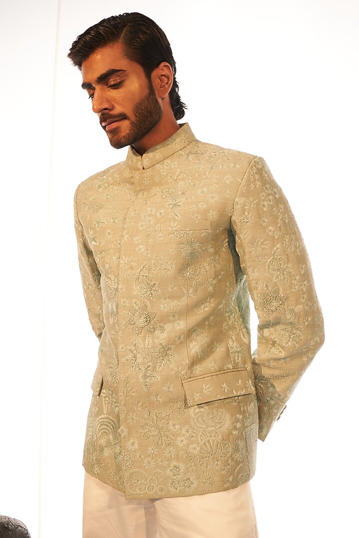 Mint Raw Silk Hand Embroidered Groom Bandhgala Set by Rahul Mishra Men at Pernia's Pop Up Shop
