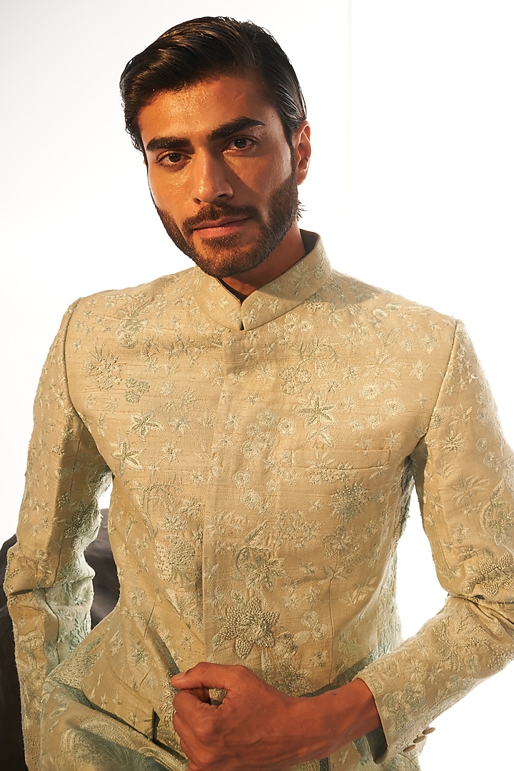 Mint Raw Silk Hand Embroidered Groom Bandhgala Set by Rahul Mishra Men at Pernia's Pop Up Shop