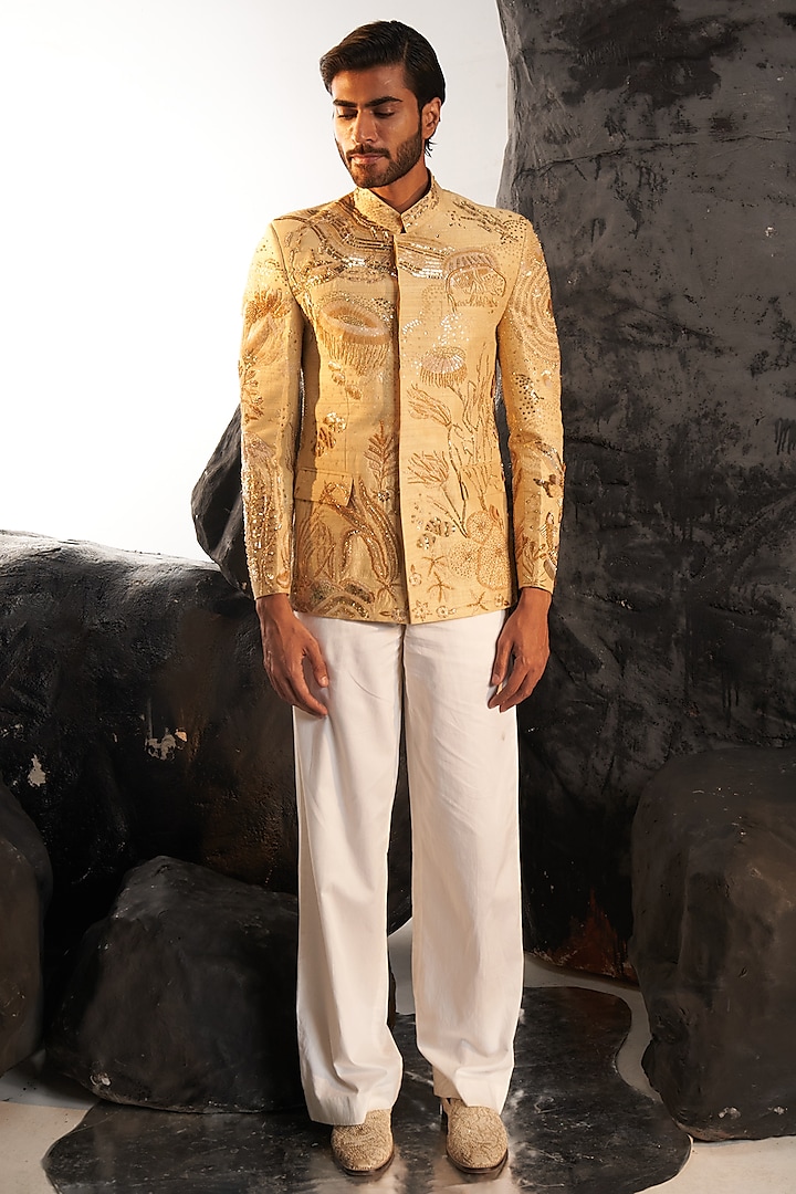 Nude Gold Raw Silk Hand Embroidered Bandhgala Set by Rahul Mishra Men
