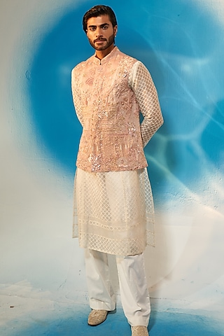 Rose Water Pink Organza Hand Embroidered Bundi Set by Rahul Mishra Men