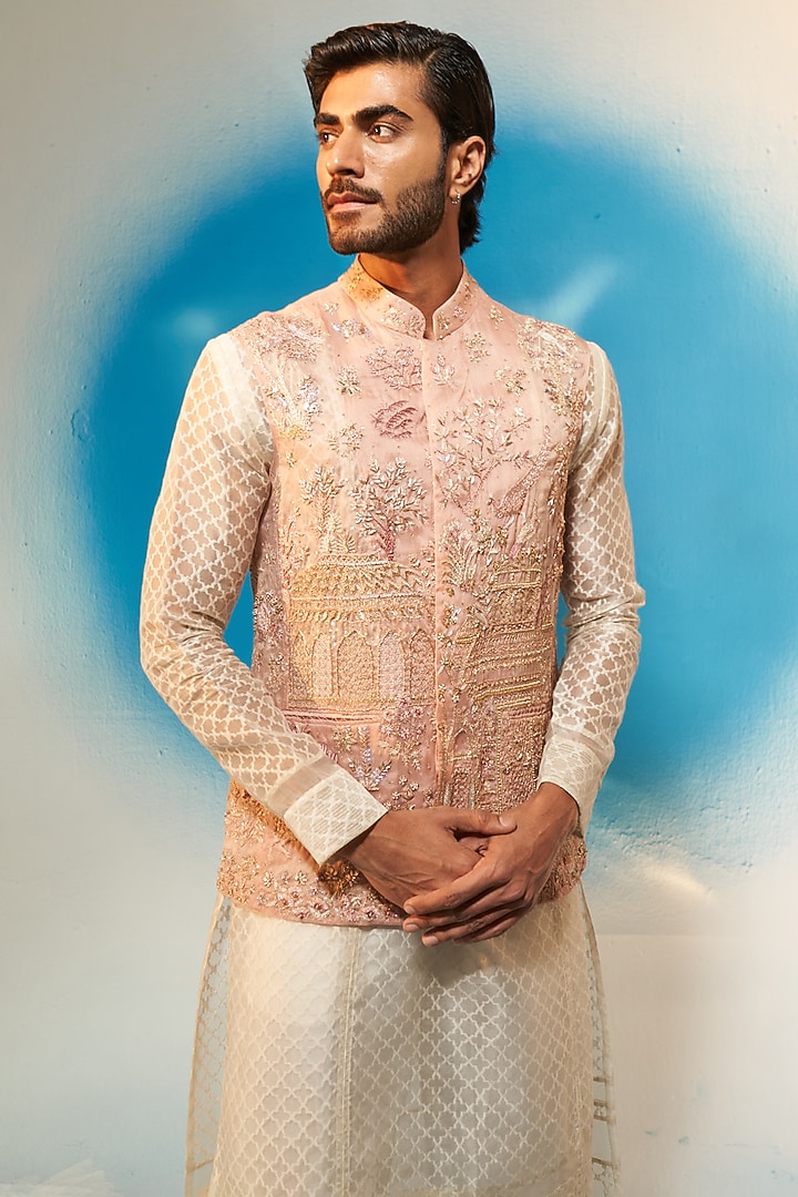 Rose Water Pink Organza Hand Embroidered Bundi Set by Rahul Mishra Men at Pernia's Pop Up Shop