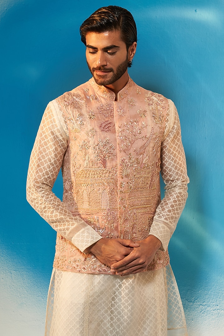 Rose Water Pink Organza Hand Embroidered Bundi Set by Rahul Mishra Men at Pernia's Pop Up Shop