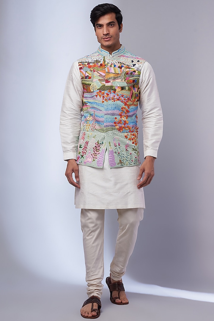 Multi-Colored Viscose Silk Hand Embroidered Bundi Jacket by Rahul Mishra Men