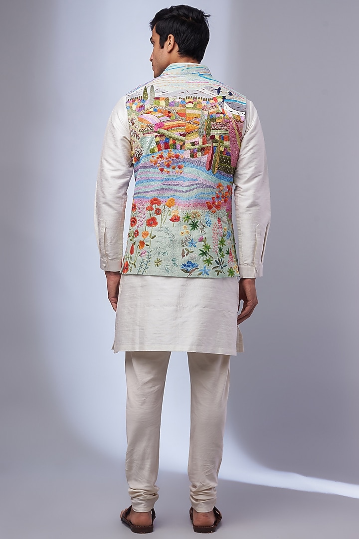 Multi-Colored Viscose Silk Hand Embroidered Bundi Jacket by Rahul Mishra Men at Pernia's Pop Up Shop