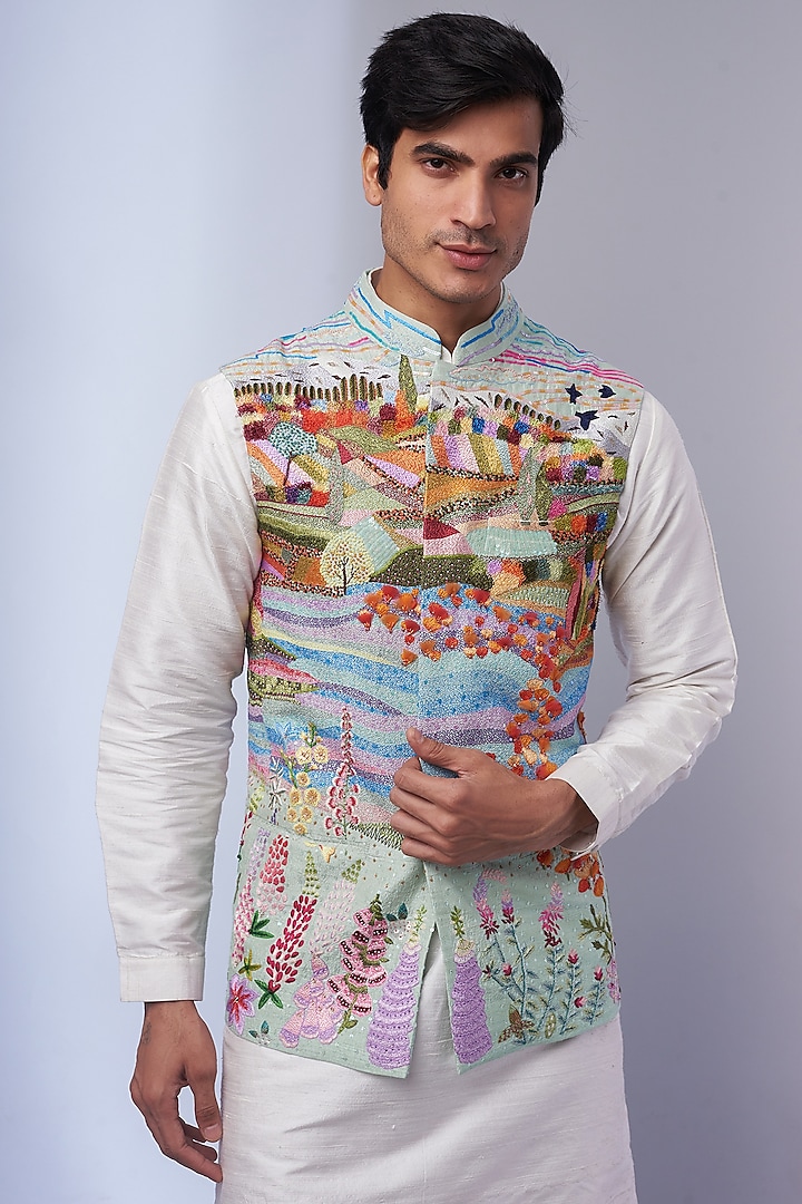 Multi-Colored Viscose Silk Hand Embroidered Bundi Jacket by Rahul Mishra Men at Pernia's Pop Up Shop