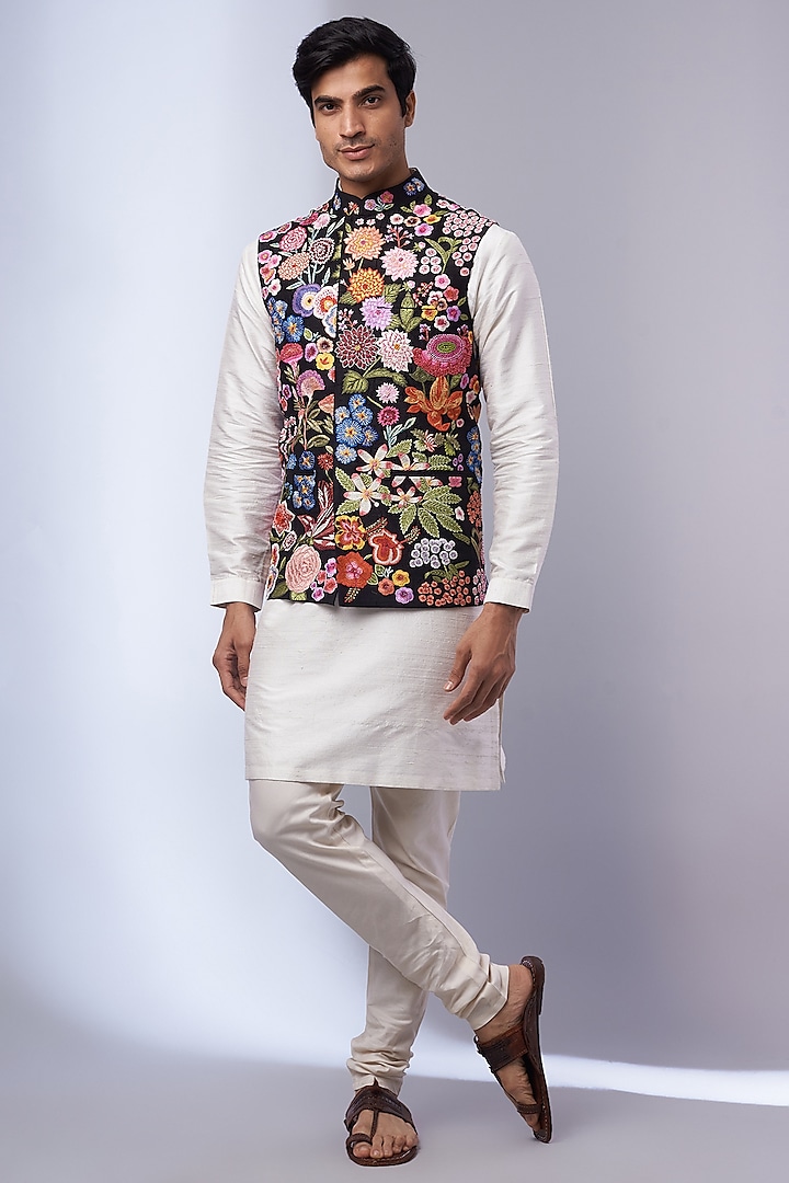 Black Viscose Silk Hand Embroidered Bundi Jacket by Rahul Mishra Men