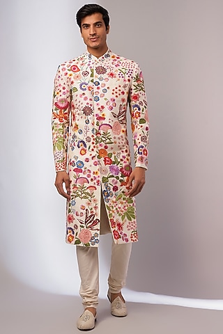 Ivory Moonga Silk Embroidered Sherwani by Rahul Mishra Men