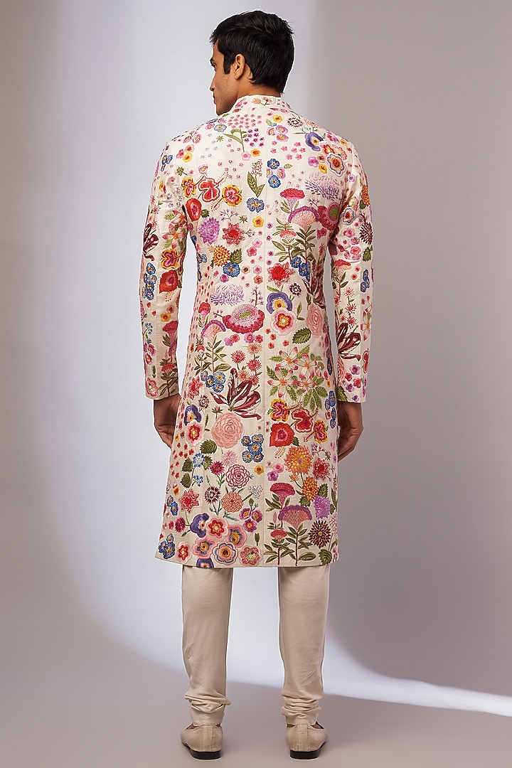 Ivory Moonga Silk Embroidered Groom Sherwani by Rahul Mishra Men at Pernia's Pop Up Shop