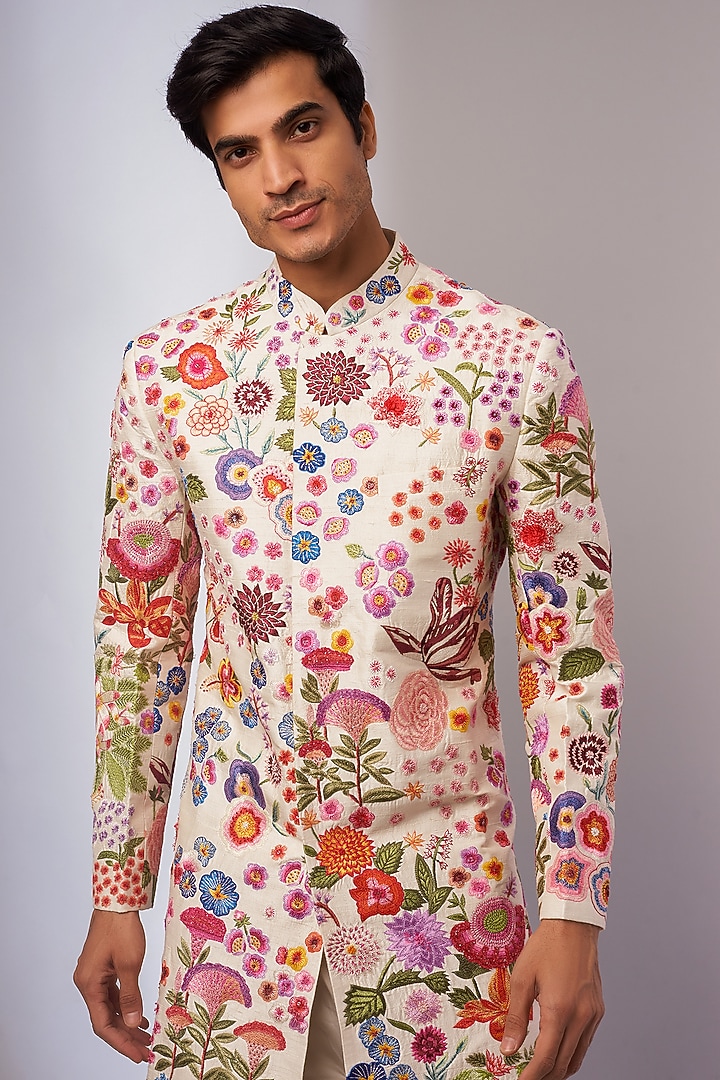 Ivory Moonga Silk Embroidered Groom Sherwani by Rahul Mishra Men at Pernia's Pop Up Shop