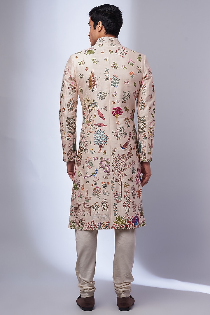 Pink Moonga Silk Hand Embroidered Groom Sherwani by Rahul Mishra Men at Pernia's Pop Up Shop