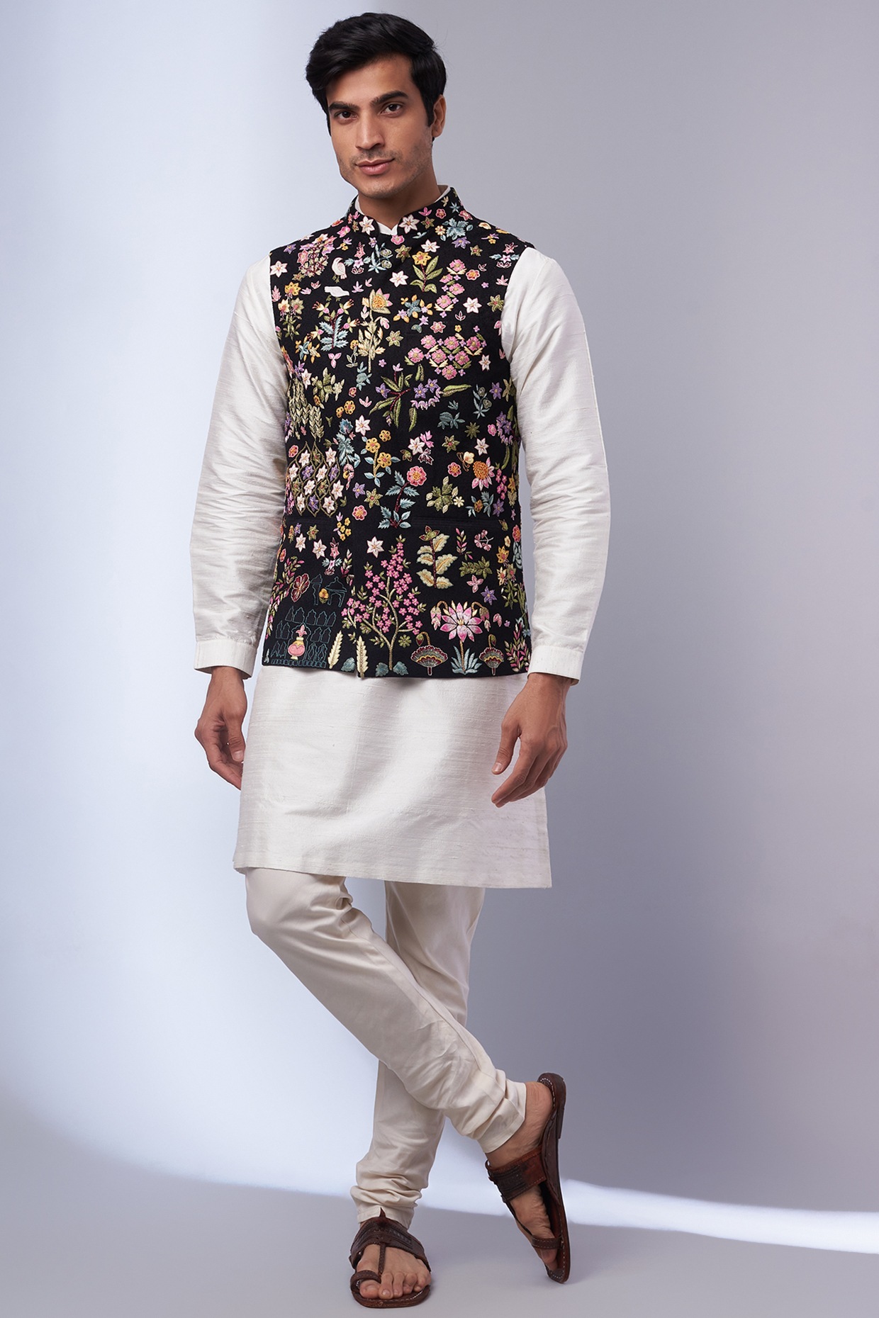 Rahul Mishra Black Silk Embroidered Bundi Jacket