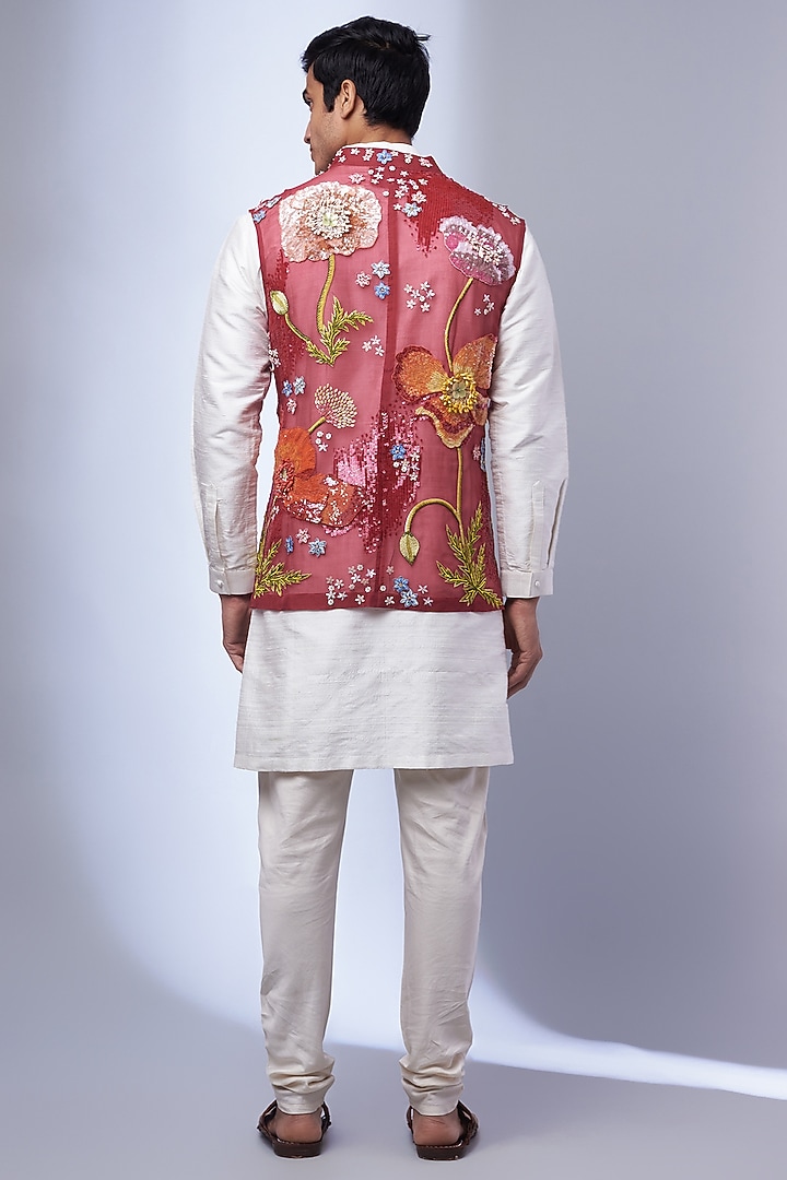 Plum Organza Embroidered Bundi Jacket by Rahul Mishra Men at Pernia's Pop Up Shop