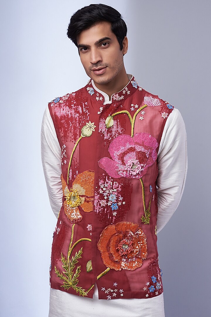 Plum Organza Embroidered Bundi Jacket by Rahul Mishra Men at Pernia's Pop Up Shop
