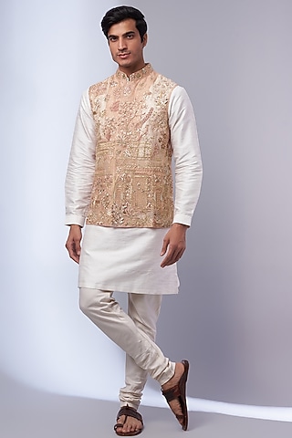 Rose Pink Shell Organza Embroidered Bundi Jacket by Rahul Mishra Men