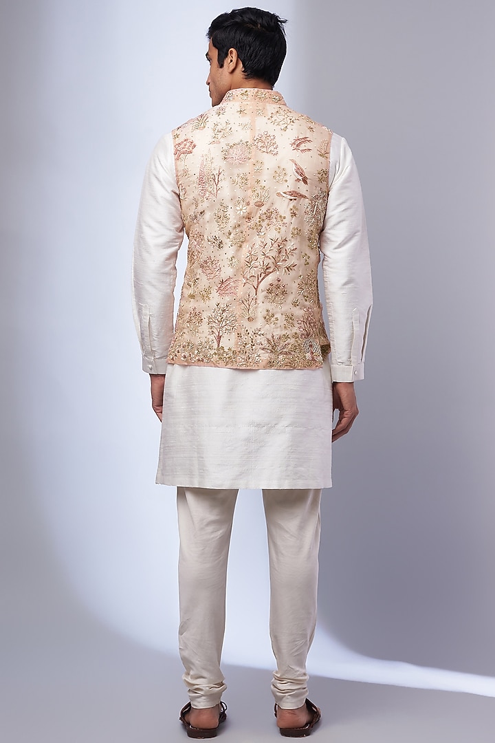 Rose Pink Shell Organza Embroidered Bundi Jacket by Rahul Mishra Men at Pernia's Pop Up Shop